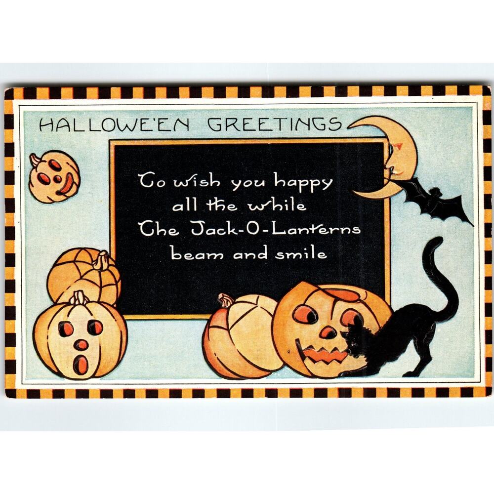 Vintage 1907-1915 Halloween Lithograph Postcard with Jack-O-Lanterns Checkered